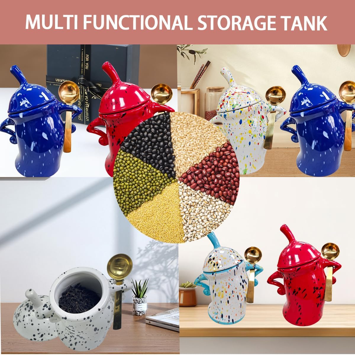 Ceramic Kitchen Canister with Silicone Seal Lid,Modern Elegant Design Airtight Lid Storage Food Jar Canister for Kitchen Sugar Coffee Tea Spice or More (Colorful)