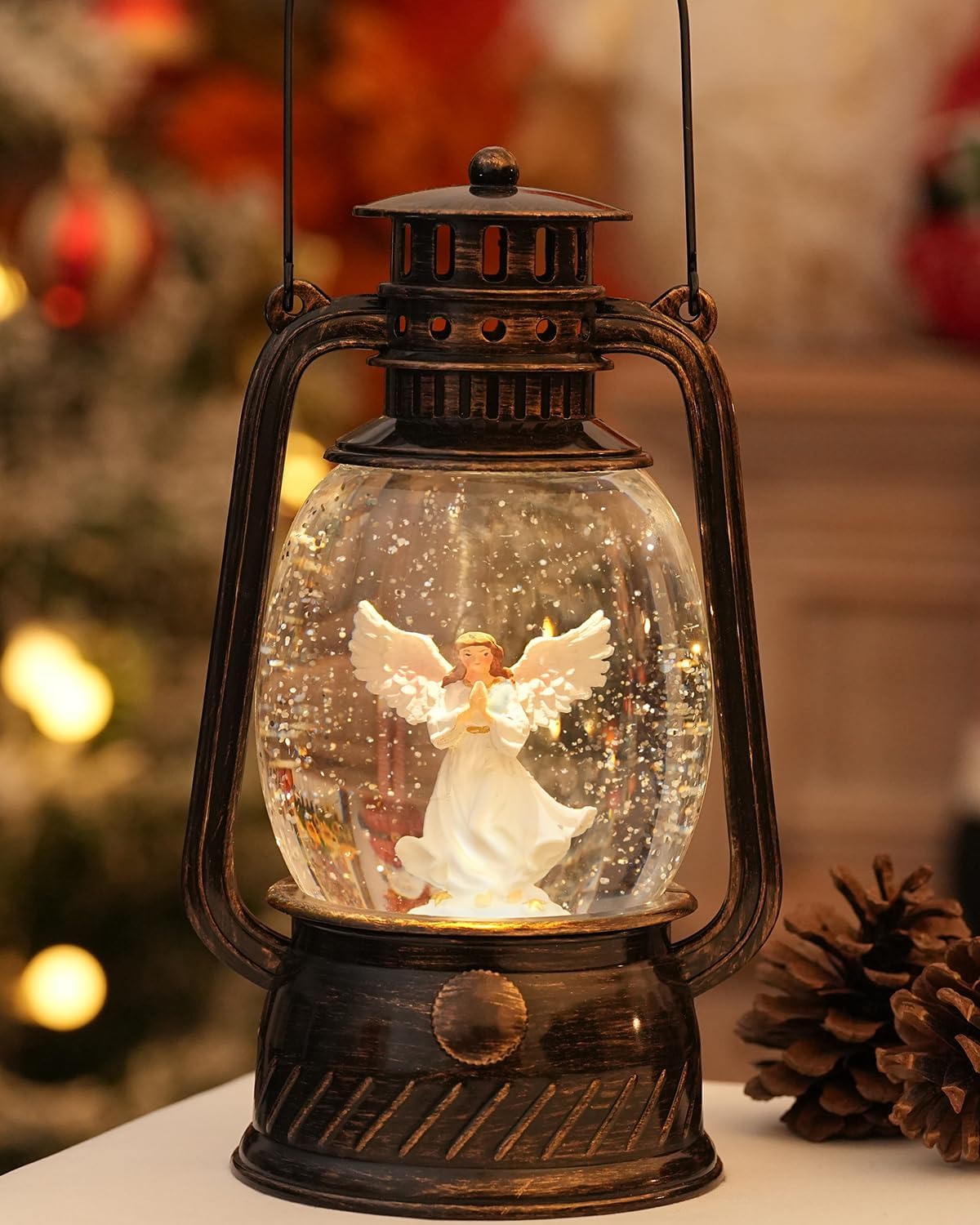 Christmas Decorations Indoor-Musical Snow Globe Christmas with 6H Timer,Angel Lighted Scene Snow Globes Lantern USB or Battery Powered,Christmas Decorations Decor for Home