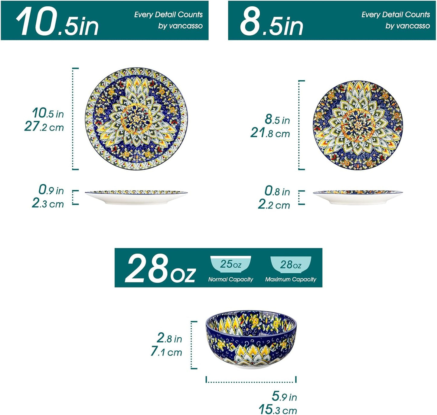 vancasso 12 Pieces Dinnerware Sets, Blue Plates and Bowls Set, Porcelain Dishes Set for 4, Microwave and Dishwasher Safe, Scratch Resistant, Bohemian Style Dining Ware Service for 4, Series SIMI
