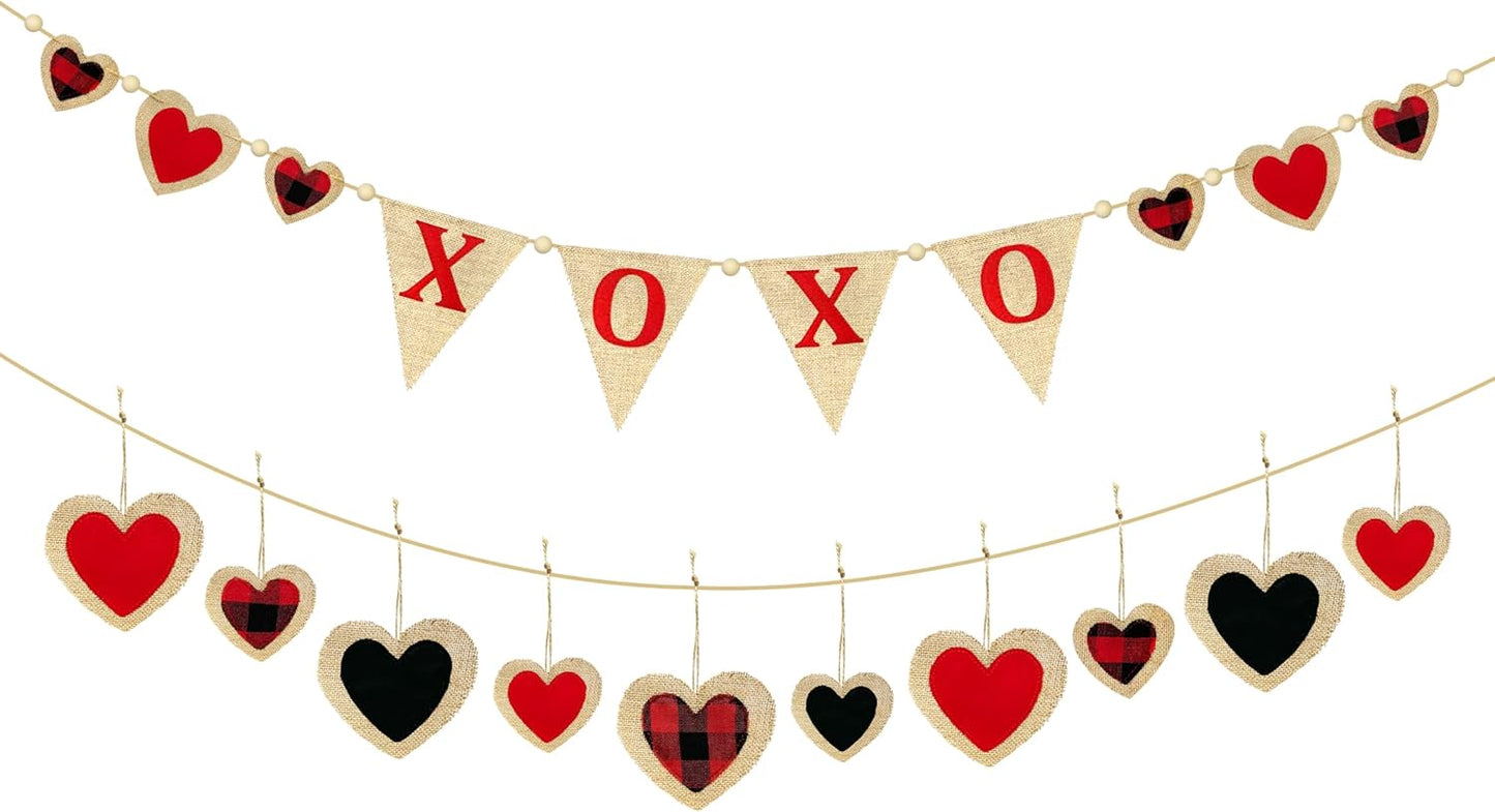 Valentine’s Day Party Decorations Felt XOXO Sign Triangle Pennant Banner Flag Buffalo Plaid Red Black Heart Burlap Garland with Wood Beaded for Wedding Birthday Valentine’s Day Party Supplies