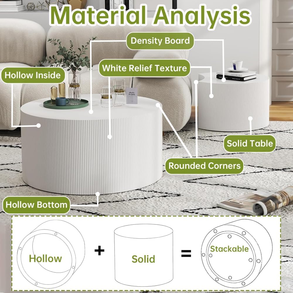 Round Nesting Coffee Table Modern White Fluted Coffee Table Set of 2 Stripe Cream Round Coffee Tables Drum Crescent Side Table Accent End Table for Living Room (White A Large)