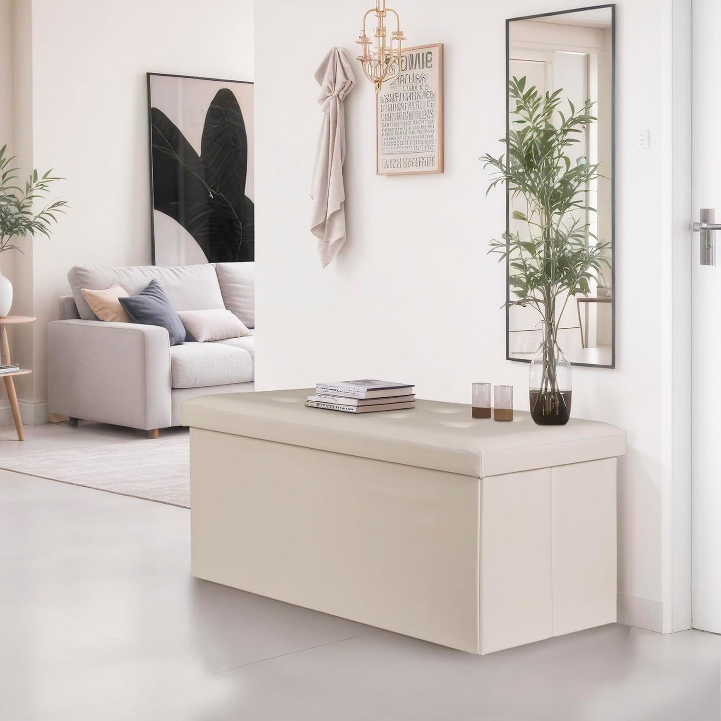 SUPER DEAL Folding Ottoman Bench with Storage, 43 Inch Padded Seat Footrest Shoes Bench for Bedroom Living Room Entryway, 660 lbs Capacity 43"x 15"x 15", Faux Leather, Beige