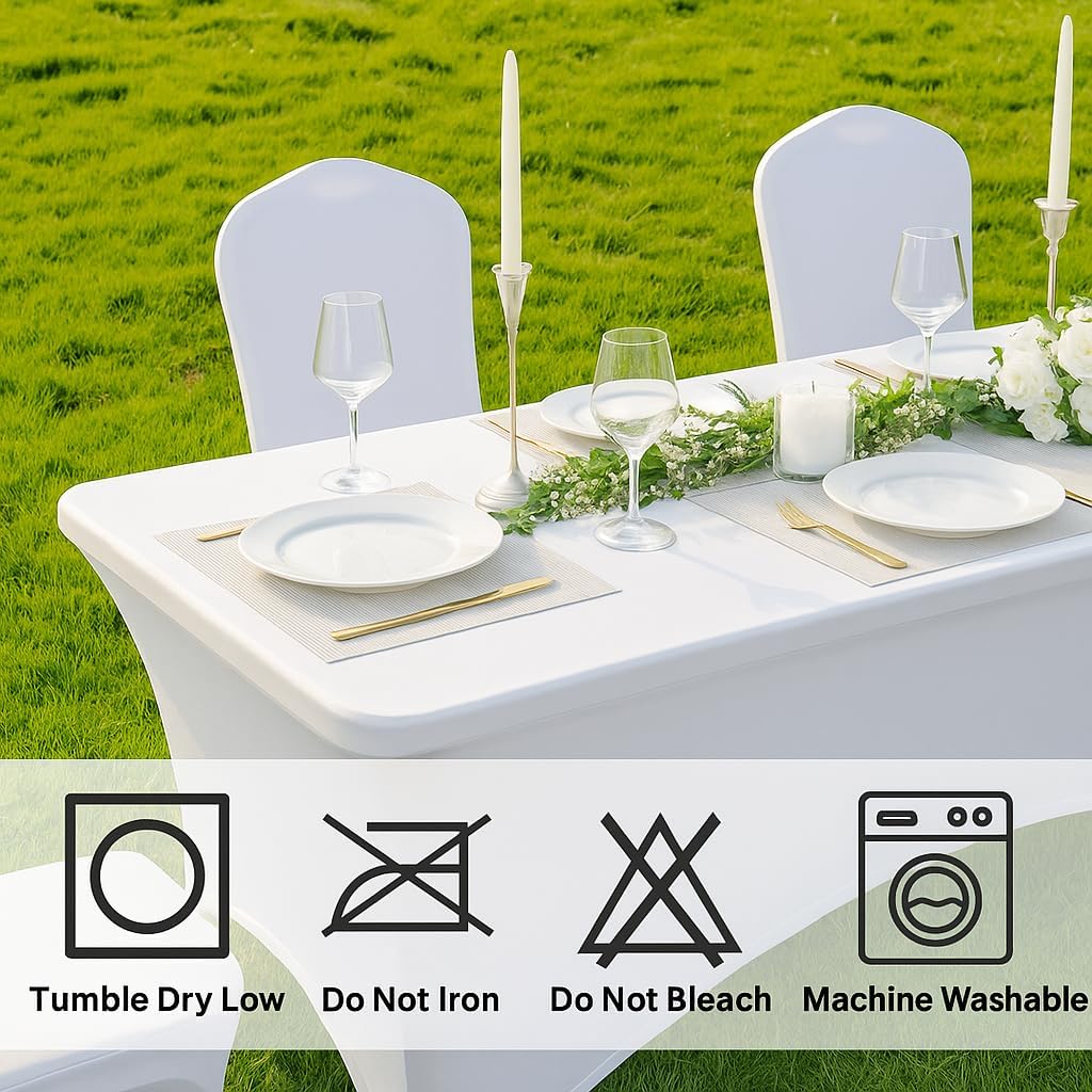 Craft And Party 2 Pack 8ft White Spandex Tablecloth – Fitted Stretch Cover – Universal Fit for Folding Tables – Wrinkle-Free, Washable – Ideal for Parties, Weddings, Events