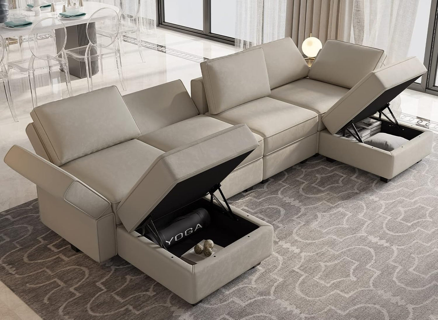 Belffin Modular Sectional Sofa with Reversible Chaises Velvet U Shaped Sectional Couch with Storage Seat Grey
