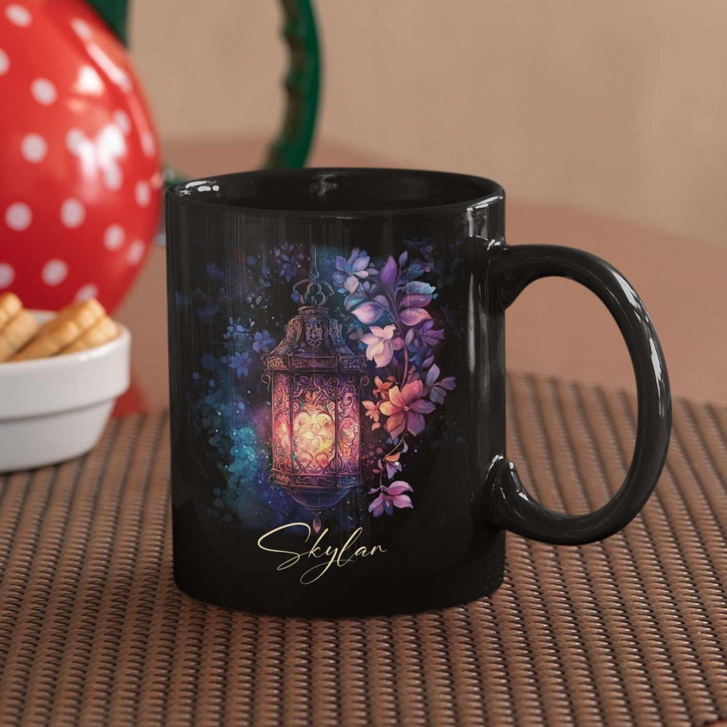 Custom Vintage Lantern With Flowers Coffee Mug, Personalized Name Ceramic Cup 11oz Or 15oz, Glowing Light And Flowers Mug, Customized Enchanted Nature Black Cup, Gift For Friends