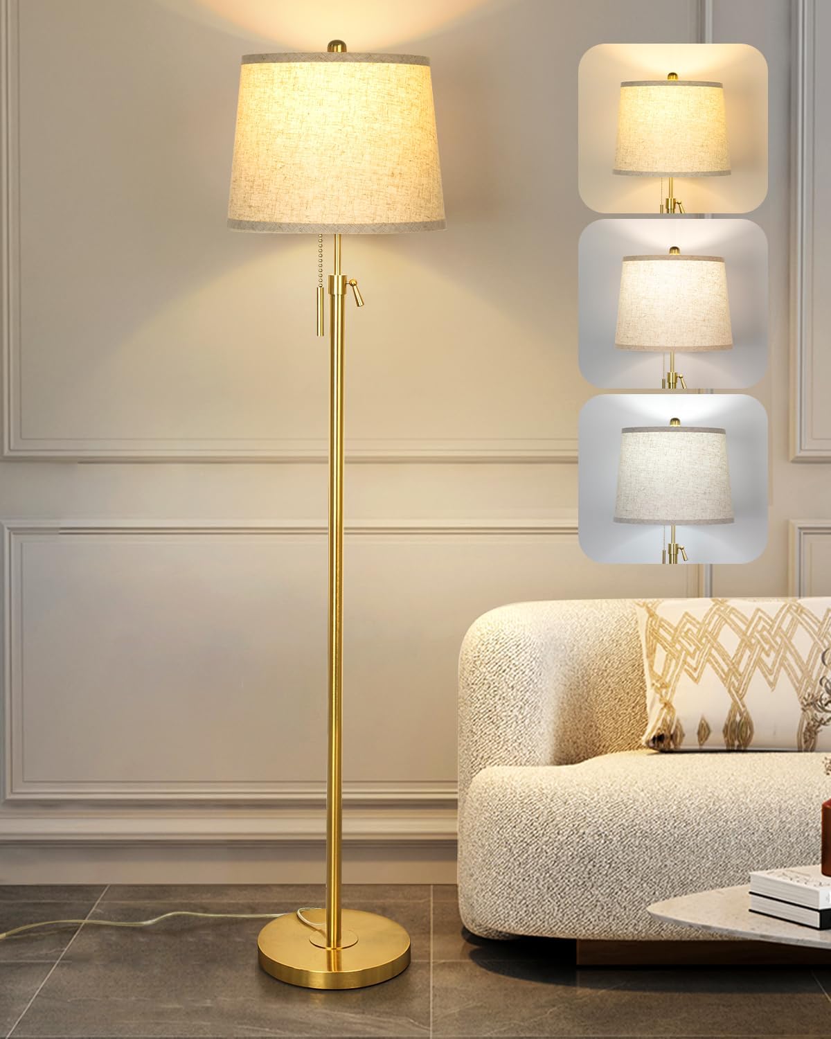 Gold Floor Lamp for Living Room 55-65" Adjustable Modern Brass Standing Lamp with Pull Chain Tall Pole Light with Beige Shade for Bedroom Reading Office Corner Nursery 9W LED Bulb Included 3 ColorTemp