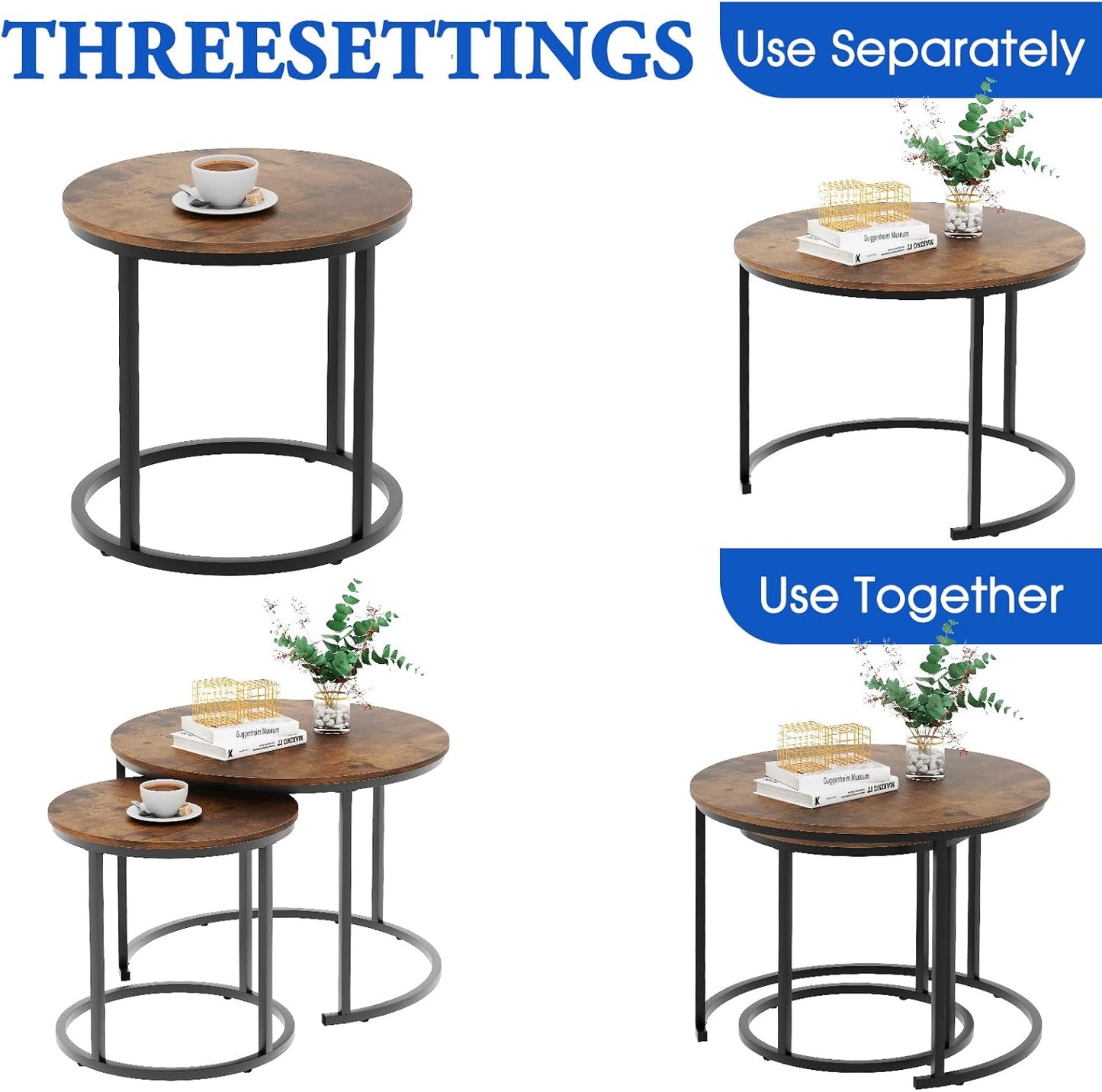 aboxoo Coffee Table Nesting Round Table Set of 2 Side Table with Sturdy Metal Frame for Living Room Bedroom Apartment Modern Industrial Simple Nightstand,Rustic Brown