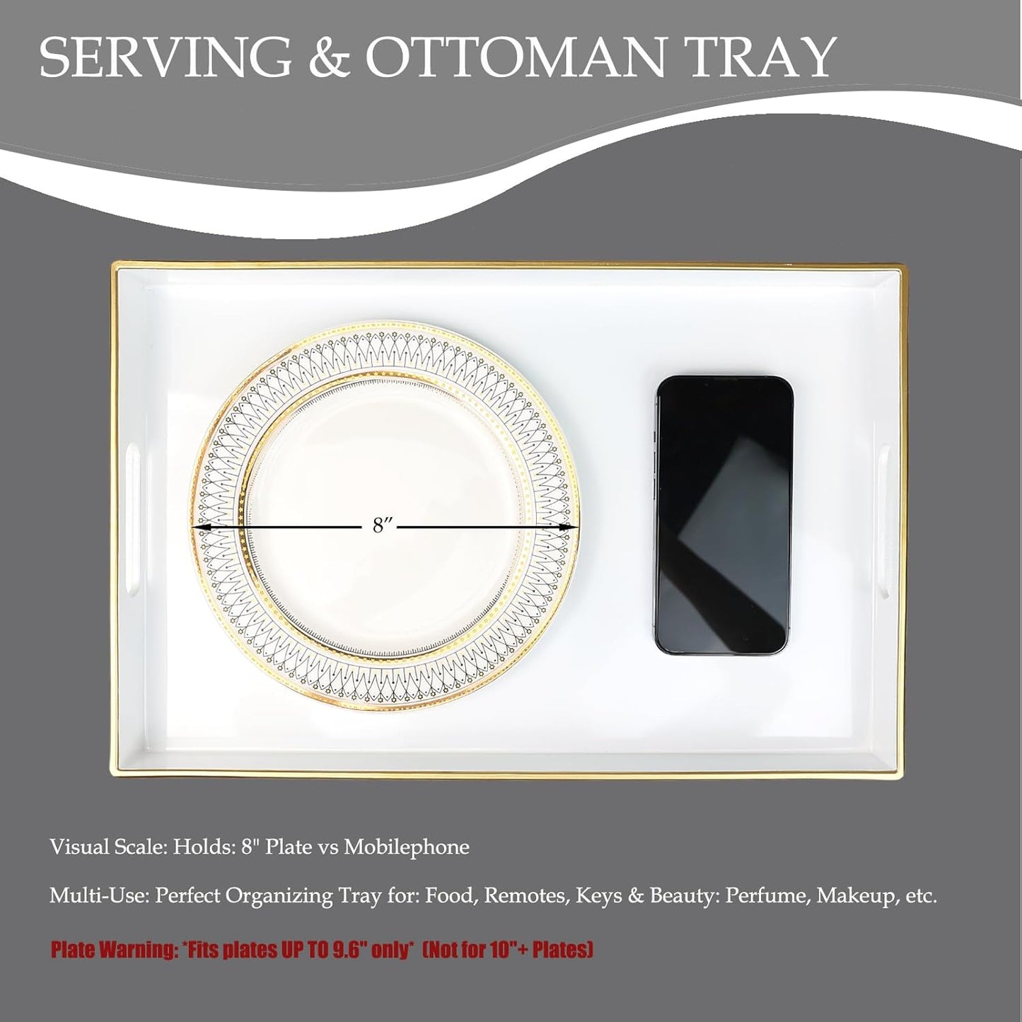 Spsyrine White Decorative Serving Tray with Handles, Elegant Plastic Coffee Table Tray for Ottoman, Living Room, Home Decor 15.6" X 10.2"