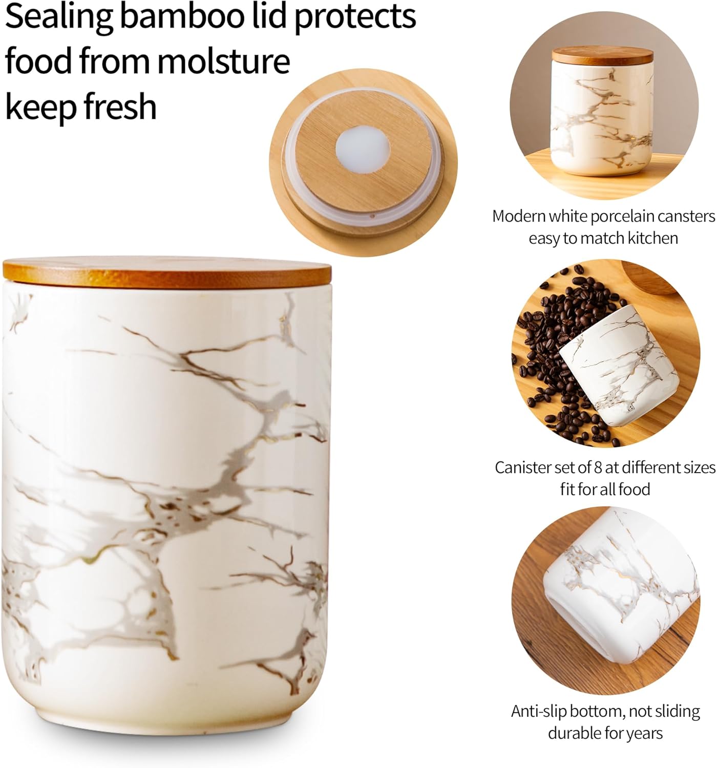 Ceramic Canister Set with Bamboo Airtight Lids, 3-Piece Kitchen Storage Jars (48oz, 30oz, 12oz) – White with Gold Marble Pattern, Glossy Finish, for Coffee, Sugar, Flour & More