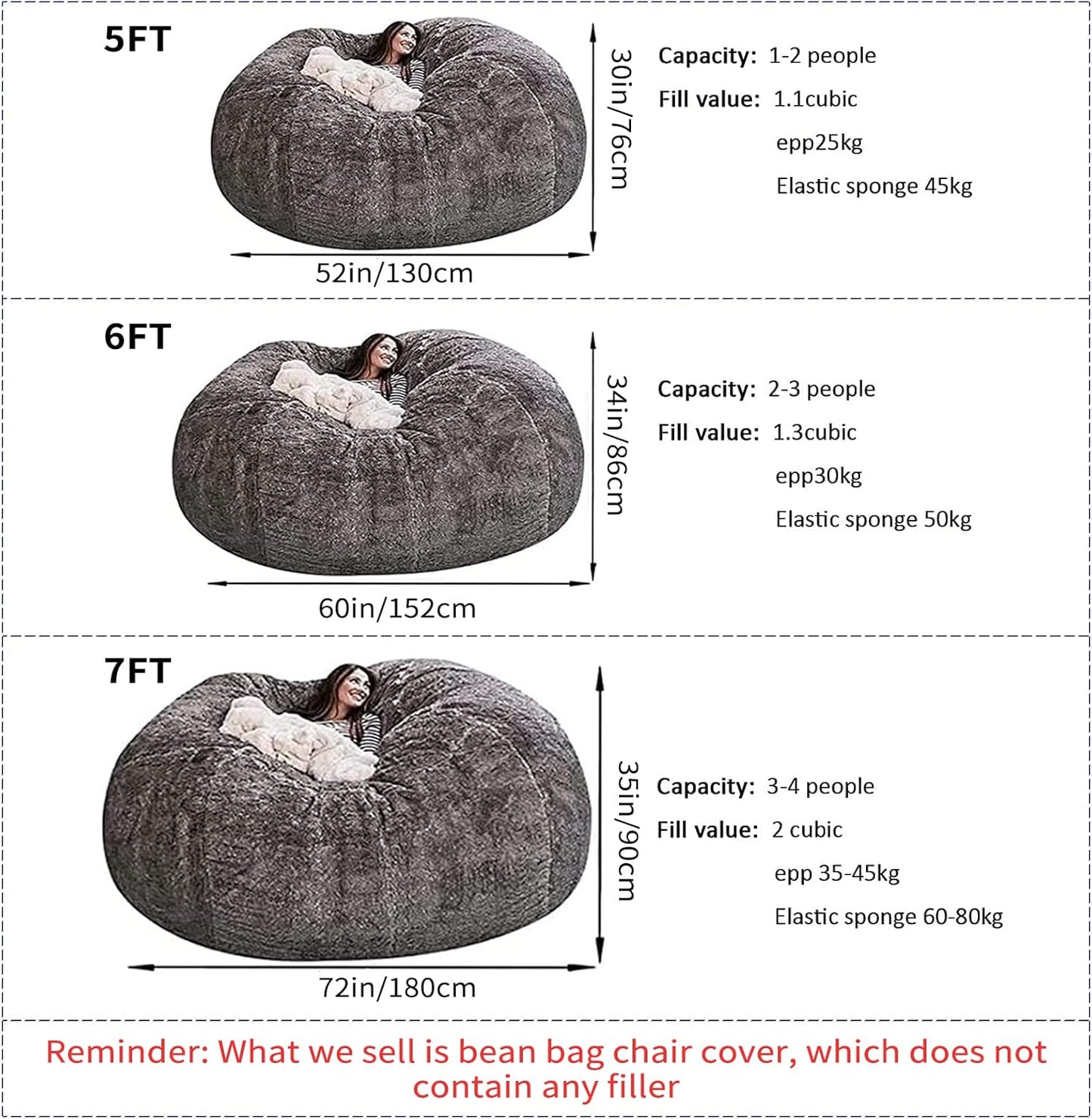 Big Huge Giant Bean Bag Chair for Adults, (No Filler) Bean Bag Chairs in Multiple Sizes and Colors Giant Foam-Filling Required- Machine Washable Covers, Double Stitched Seams (Pink,6FT)