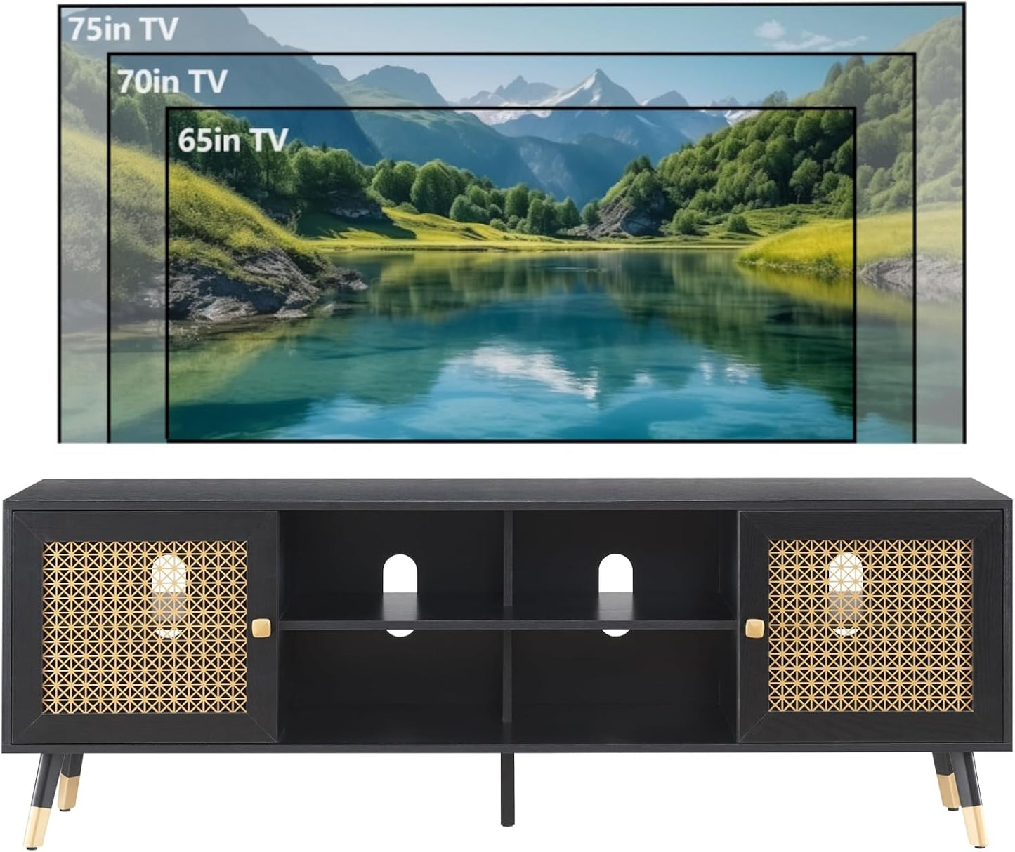 JYED Mid Century Modern TV Stand and Console for TVs Up to 75" - Black Entertainment Center, 2 Gold Metal Mesh Doors & MDF Wood Grain, 15.8" D x 66" W x 23.5" H