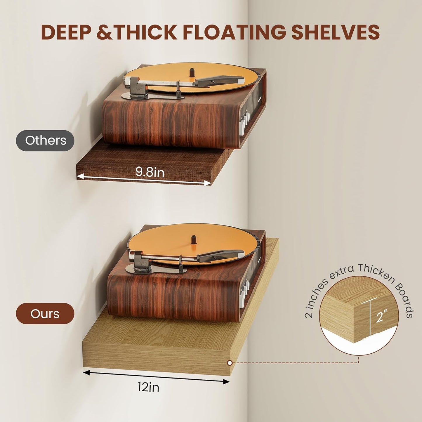 12 Inch Deep Floating Shelves 55 inch Long, 55 x 12 Wide Wall Shelves with Invisible Brackets, Heavy Duty Shelf for Bedroom Bathroom Living Room Kitchen Office Home Decor, Modern Shelf Set of 2, Oak