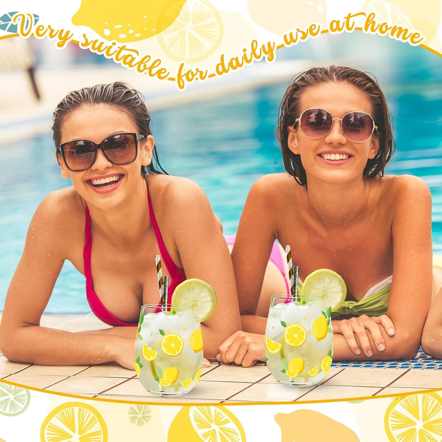 Sliner 2 Pack Lemon Stemless Wine Glasses 17oz Lemon Drinking Glasses Clear Stemless Wine Tumbler Unique Gift for Wedding, Mother's Day Birthday Drinking Party