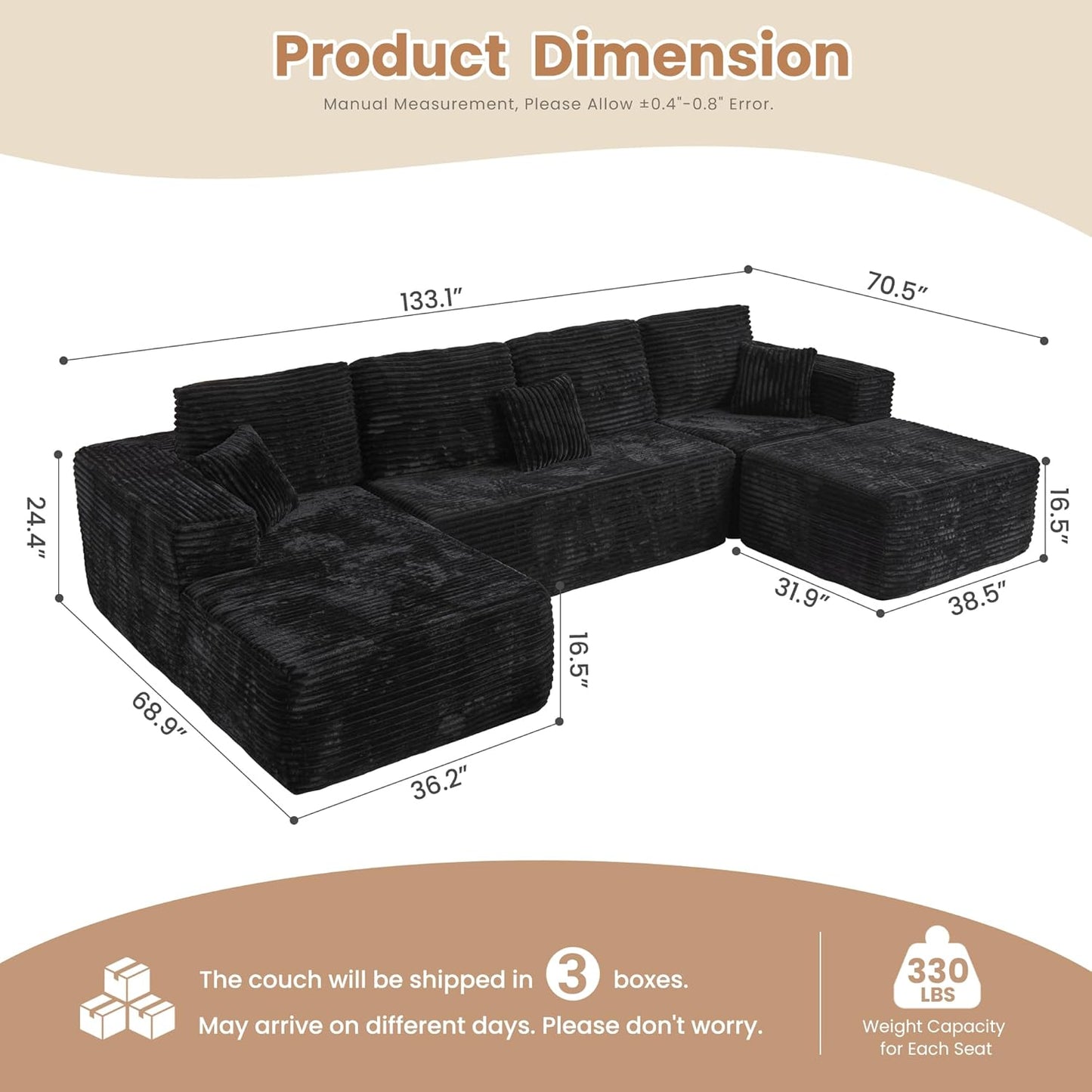 HOOOWOOO Cloud Sectional Couches for Living Room,Modular Sectional Sofa No Assembly,133X70 Inch Plush Corduroy Large U Shaped Floor Couch Set with Deep Seat Chaise Ottoman(Black)