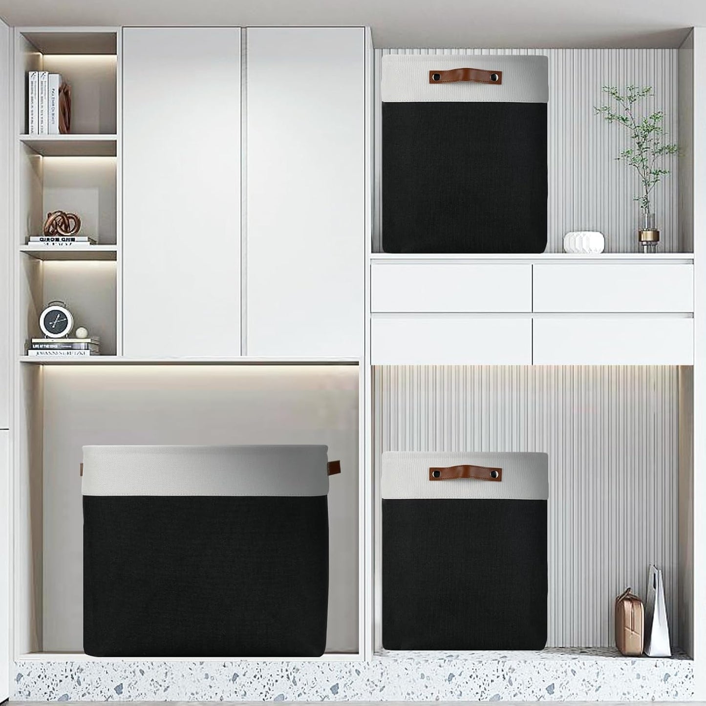 DULLEMELO Fabric Storage Baskets 3 Pack - 17x12x15 inch Large Foldable Fabric Organizer for Storage Decorative Storage Bins for Home,Closet(White&Black)