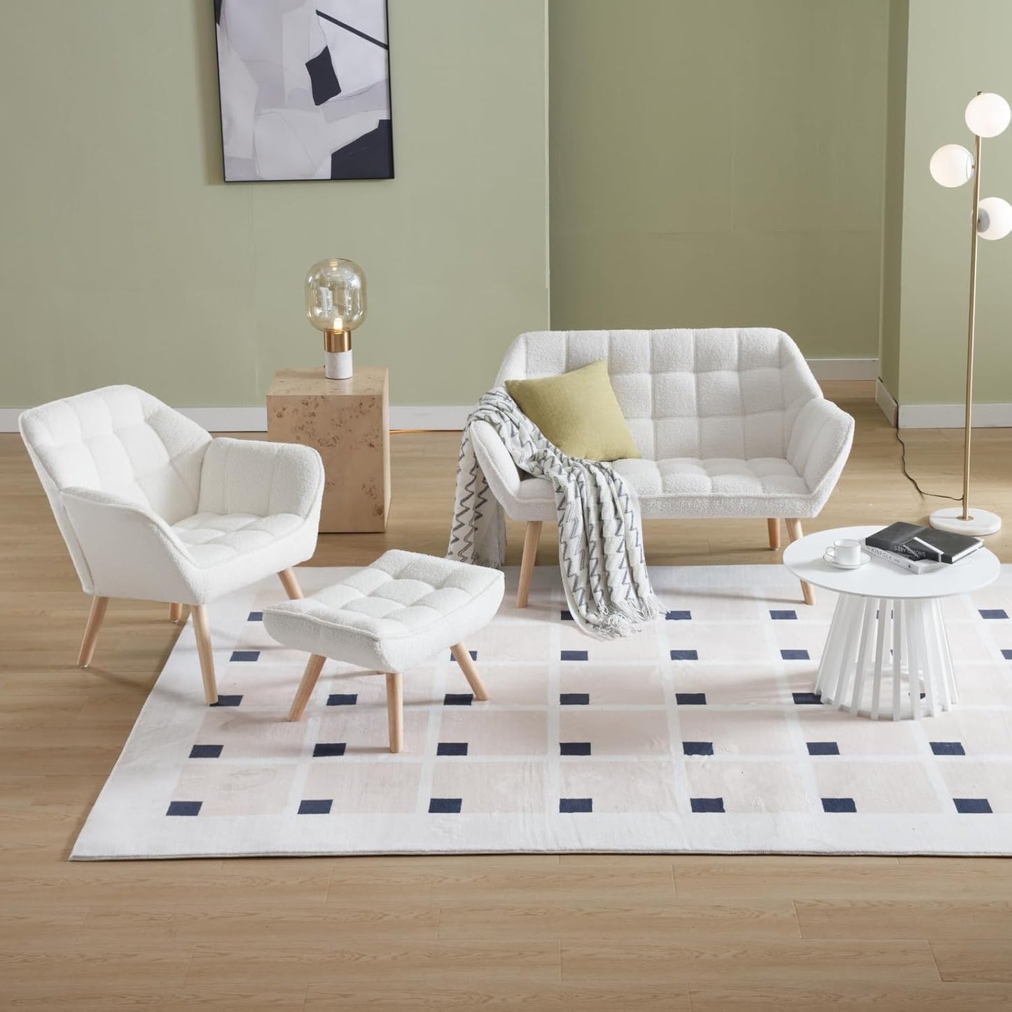 Modern Sherpa Accent Chair with Ottoman, Fluffy Upholstered Lounge Chair with Footrest, Comfy Living Room Side Boucle Armchair for Small Space Bedroom Apartment, White