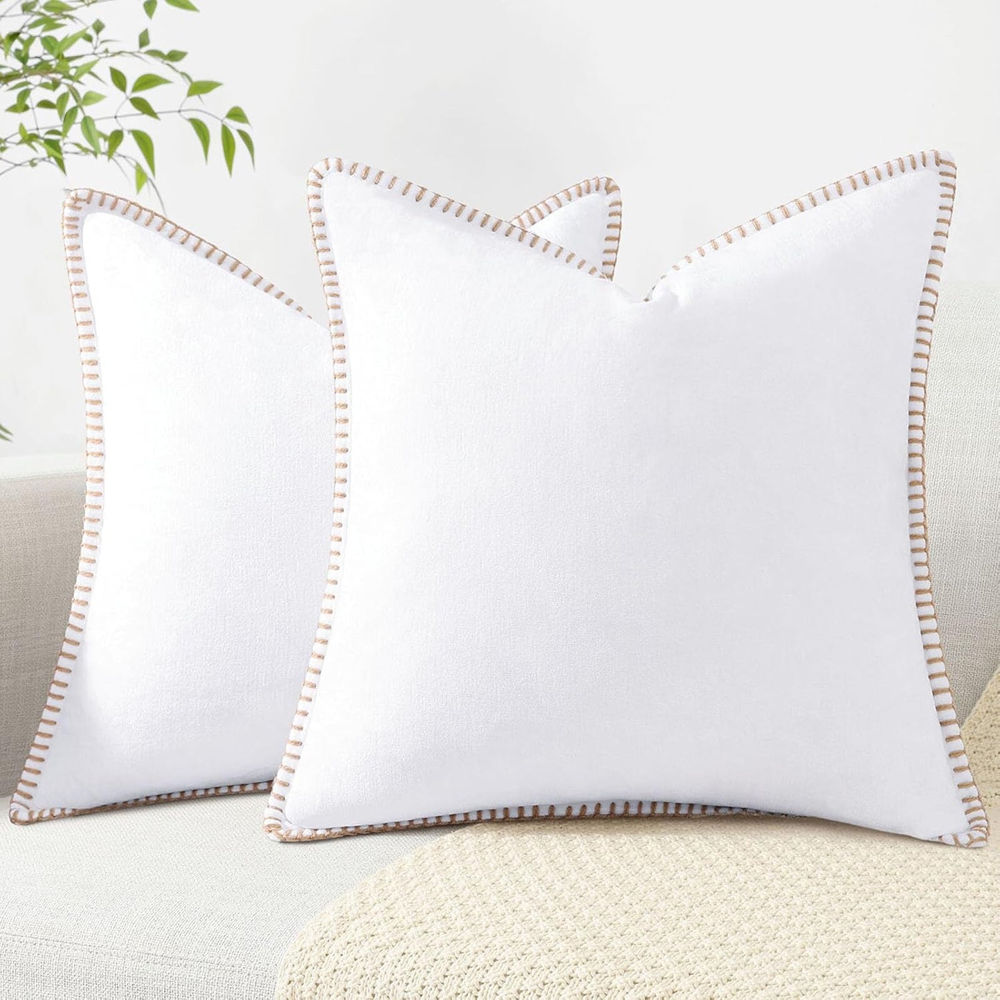 decorUhome Chenille Soft Throw Pillow Covers 22x22 Set of 2, Farmhouse Velvet Neutral Decorative Euro Pillow Covers with Stitched Edge for Couch Sofa Bed Home Decor, White