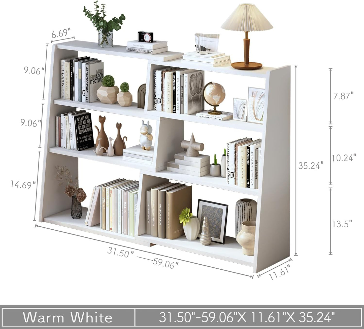 IOTXY Wooden Extendable Shelf Bookcase - 3-Tier Ladder Low Short Bookshelf for Small Space or Corner, White, L