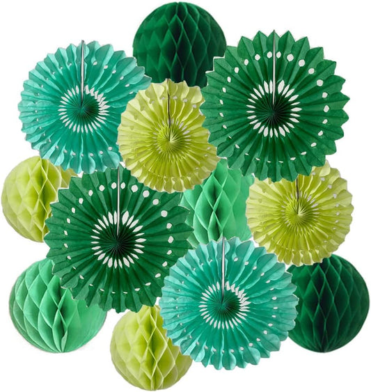 12pcs 6’’ 8’’ Honeycomb Balls Tissue Paper Fans Party Honeycomb Ball Fans Wall Decorations Tissue Pom Poms Flower Balls Hanging Paper Fans for Party Baby Shower Birthday Wedding Nursery(Green kit)