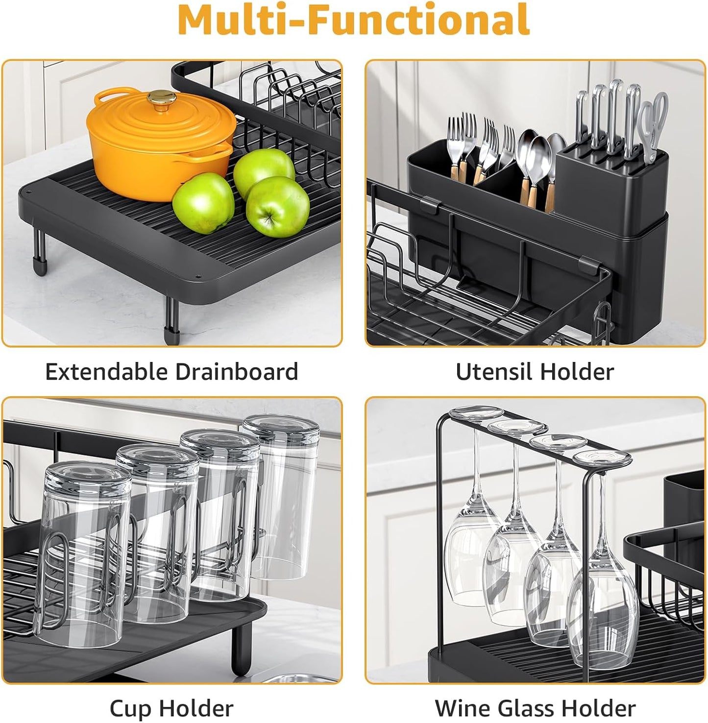 Dish Drying Rack for Kitchen Counter, Expandable Large Capacity Dish Rack with Drainboard, Wine Glasses Holder, Space Saving Organizer, Black