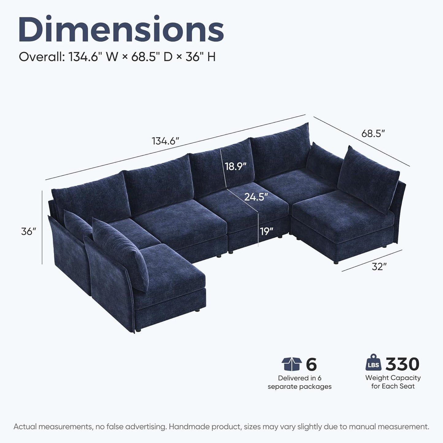 134.6" Oversized Modular Sectional Sofa, Large 6 Seater U Shaped Couch Deep Seat for Living Room, Apartment - Chenille Blue