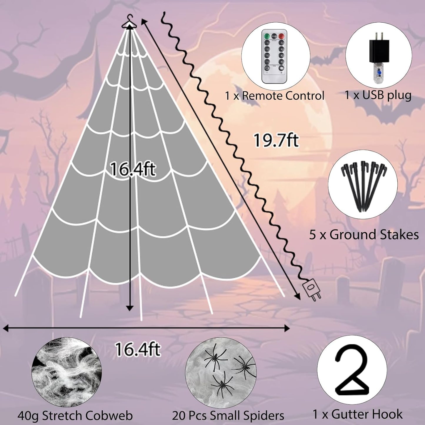 Halloween Spider Web Lights 550 LED Lighted Spider Web 16.4Ft Giant Halloween Decorations Light up with 8 Lighting Modes Waterproof & Timer for Indoor Outdoor House Haunted Yard Decor, Purple & Orange