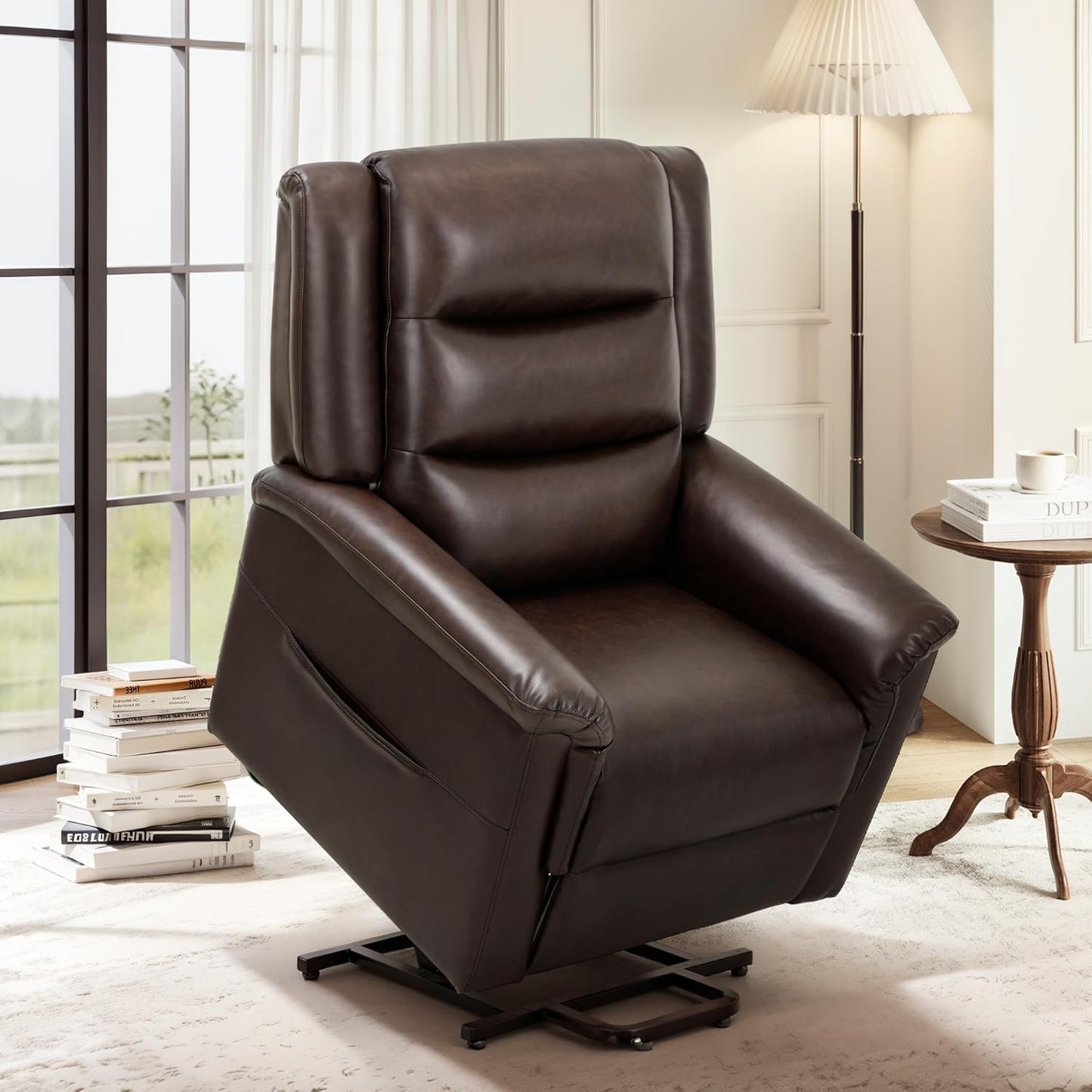 COLAMY PU Leather Electric Power Lift Chair,Lift Recliner Chair with Thick Cushioned Padding Backrest for Living Room, Office, Bedroom （Darkbrown）