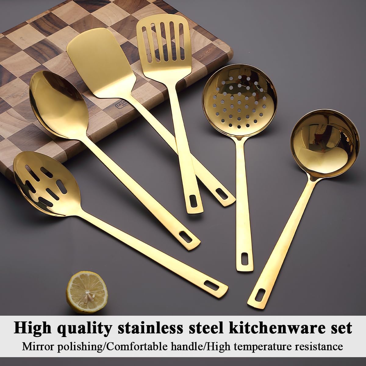 Evanda Gold Kitchen Utensils Set 6pcs, Titanium Plating Stainless Steel Cooking Utensils Set, Heavy Duty Kitchen Tools Spatulas Set, Home Essentials Kitchen Gadgets Accessories