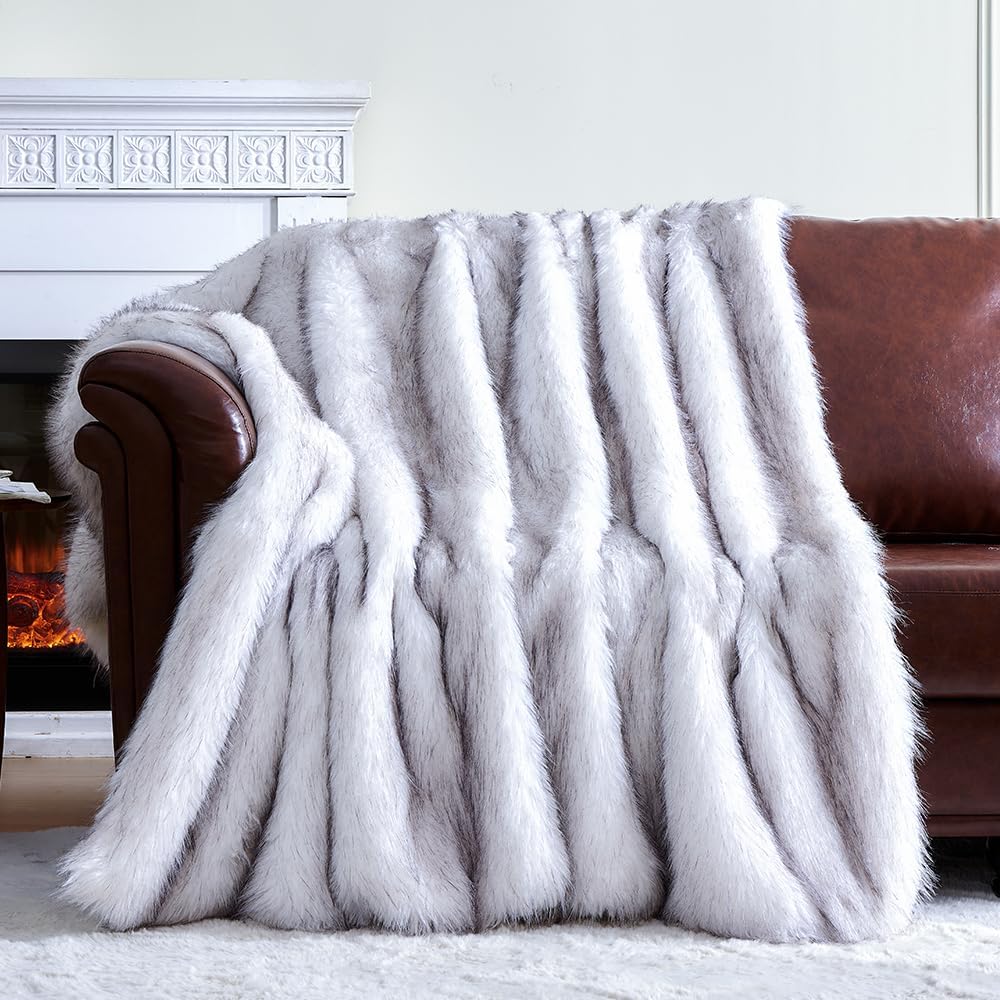 Fluffy Faux Fur Throw Blanket – Super Soft Warm Thick Plush Blanket for Bed, Couch & Office, Cozy Fuzzy Throw with Flannel Backing,60"x80", White