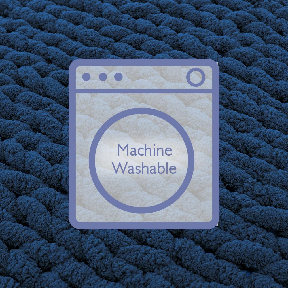 Bigacogo Chunky Knit Throw Blanket for Couch, 51x63 inches, 100% Hand Knitted with Thick Jumbo Chenille Yarn, Cozy Soft Large Rope Knot Cable Crochet Blankets for Sofa Bed Living Room, Navy Blue