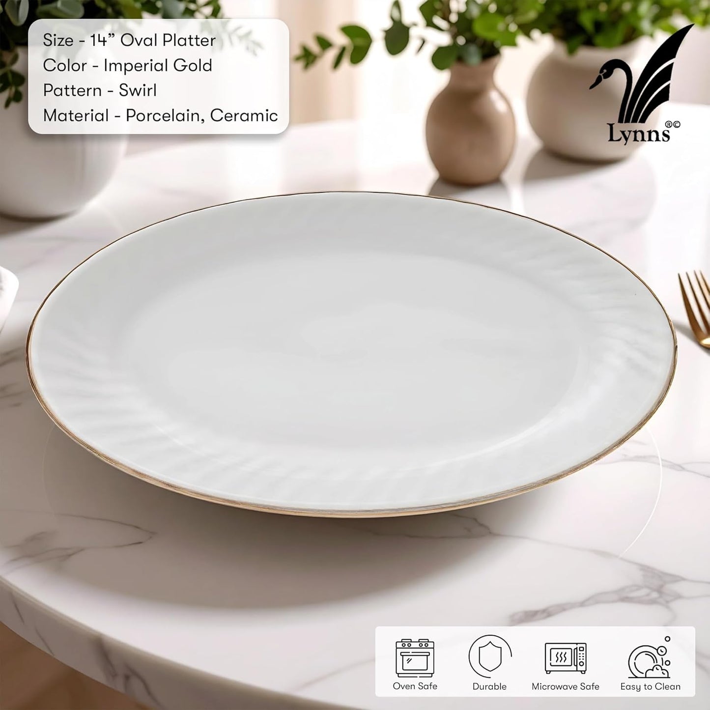 Lynns Paradise Imperial Gold 14-Inch Oval Platter, Set of 2, White; Heavy Duty; Chip Resistant; Lead and Cadmium Free; Freezer to Oven Safe up to 500°F