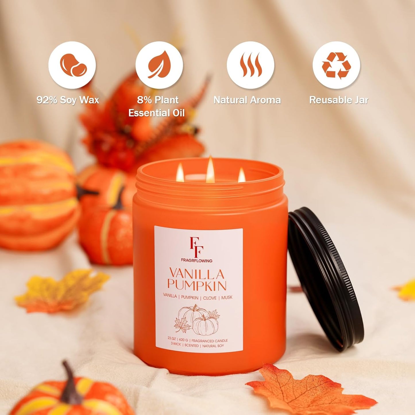 Large Fall Candle Vanilla Pumpkin Scented, 3-Wick 22oz Long Lasting Scented Candle, Natural Soy Wax Aromatherapy Candle for Home, Autumn Candle Gifts for Women Men