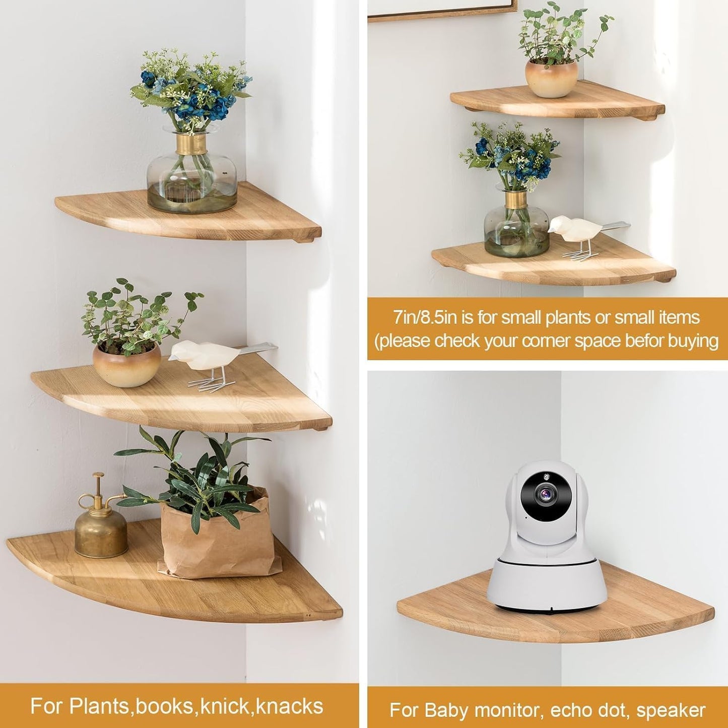 Corner Shelf, Solid Oak Wood Floating Corner Shelves Wall Mount Round End with Wire Hole for Small Plant Photo Frame for Bedroom Kitchen, Living Room