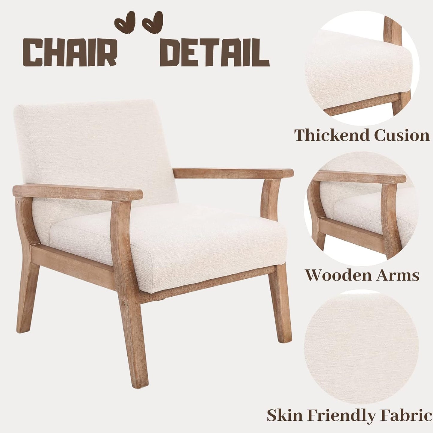 Beige Accent Chair Mid Century Modern Armchair Wood Sitting Chair Linen Fabric Upholstered Side Chair Comfortable Chair for Living Room Bedroom Cream