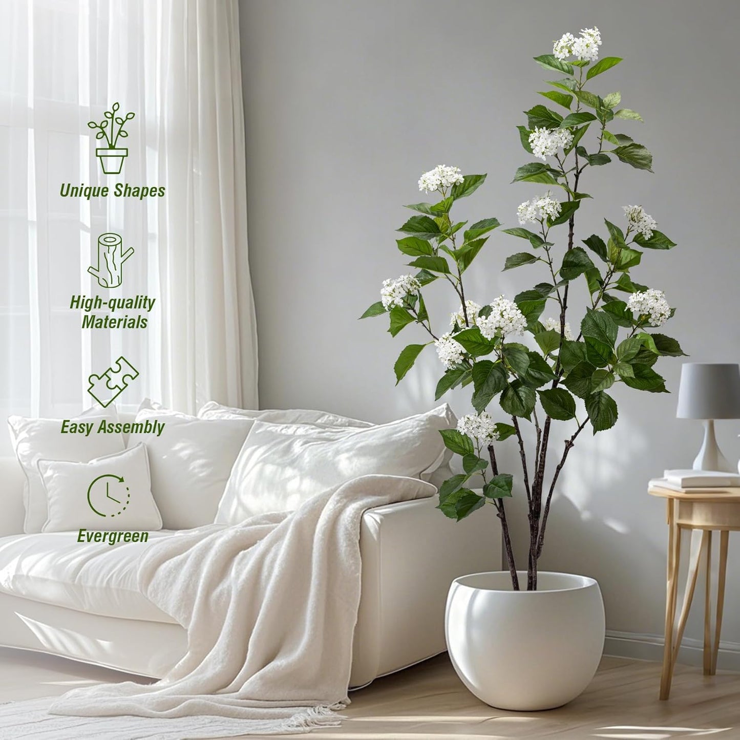 Fake Plants Home Decor Artificial Plants Outdoor Hydrangea Artificial Plants Indoor Fake Tree Living Room Decor Artificial Tree Porch Decor Fiddle Leaf Fig Tree 6Ft (White)