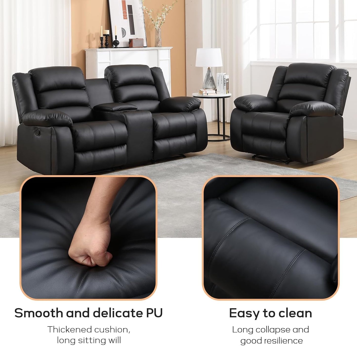 EBELLO Faux Leather Manual Reclining Sofa Set, Recliner Chair, Loveseat, Black
