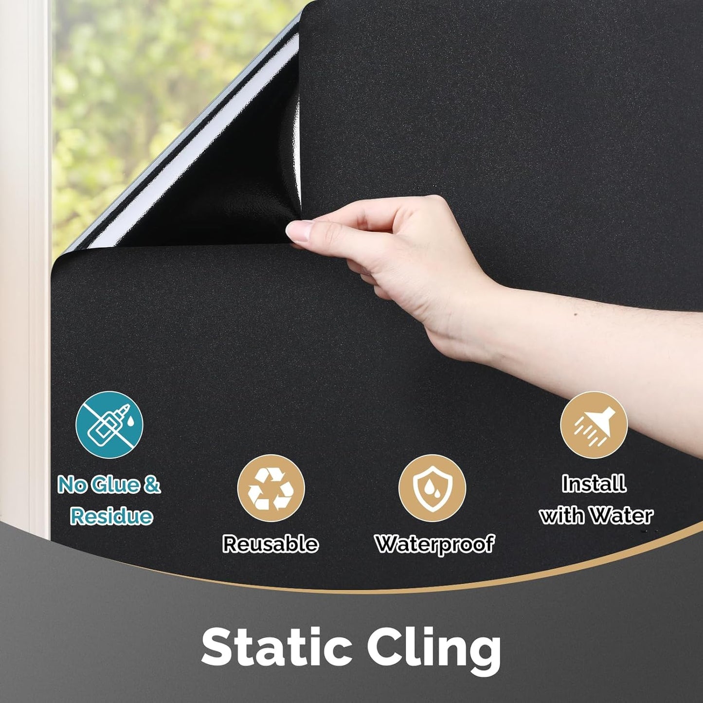 DOWELL Blackout Window Film, 100% Light Sun Blocking Static Cling Frosted Privacy Film for Glass, Heat Control Removable Window Tint, Room Darkening Cover for Day Sleep, Black, 35.4" x 157.5"