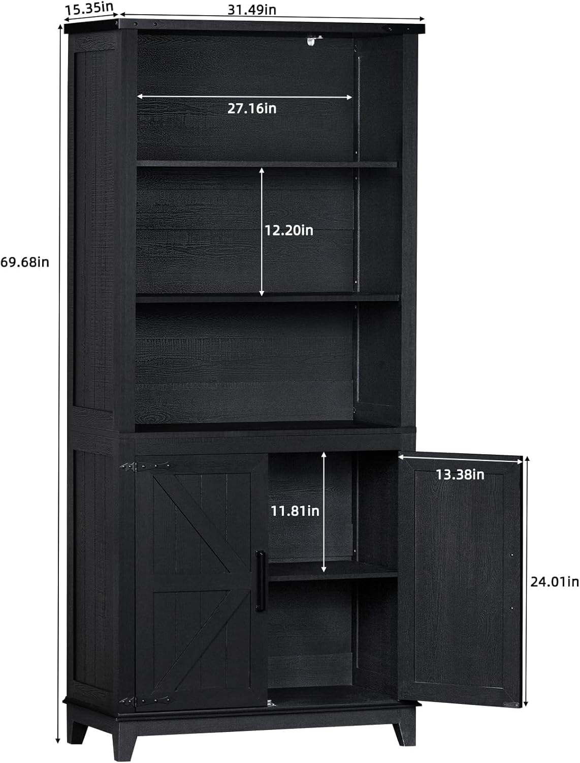 70in Tall Bookshelf 5 Tier Bookcase with Barn Doors and Adjustable Shelves, Black Farmhouse Book Shelf with Storage Cabinet, Wood Freestanding Display Bookshelves for Bedroom, Living Room