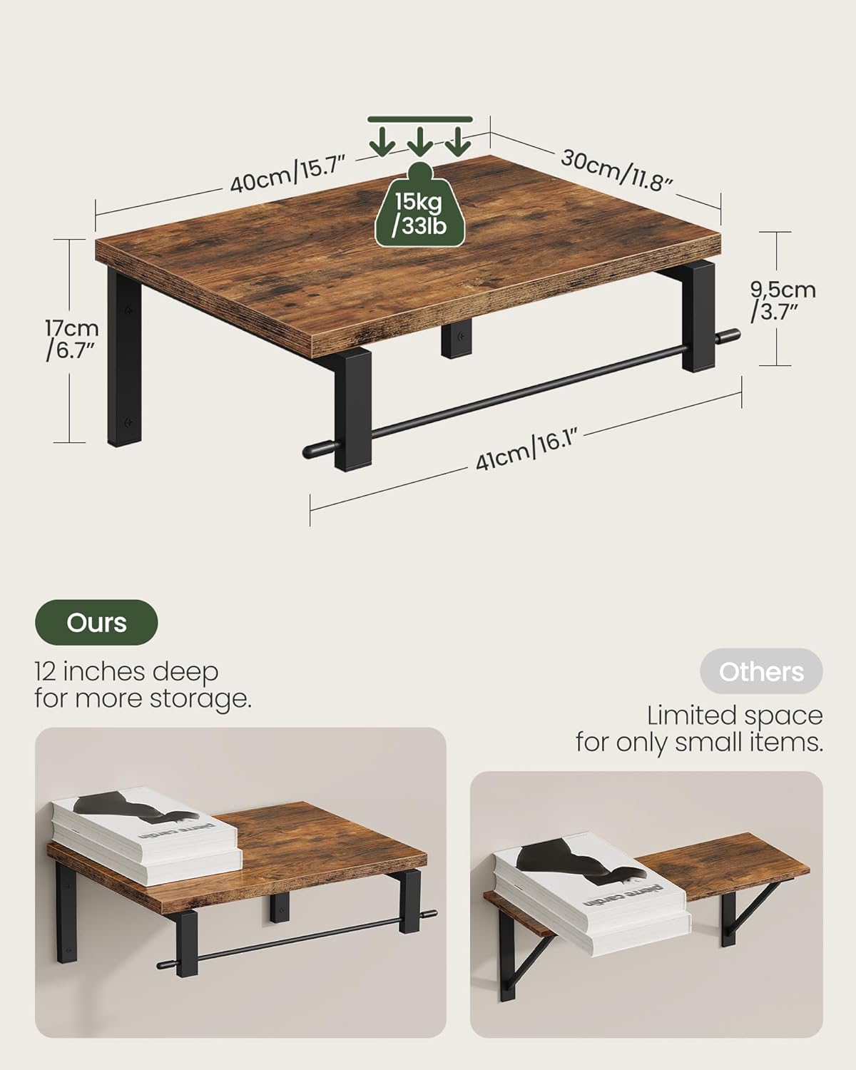 Deep Floating Shelves for Wall, 12 inch Wall Mounted Shelves Set of 2, Wide Floating Shelves for Living Room, Bedroom, Study, Bathroom, Rustic Brown and Black TBJ02P2BF