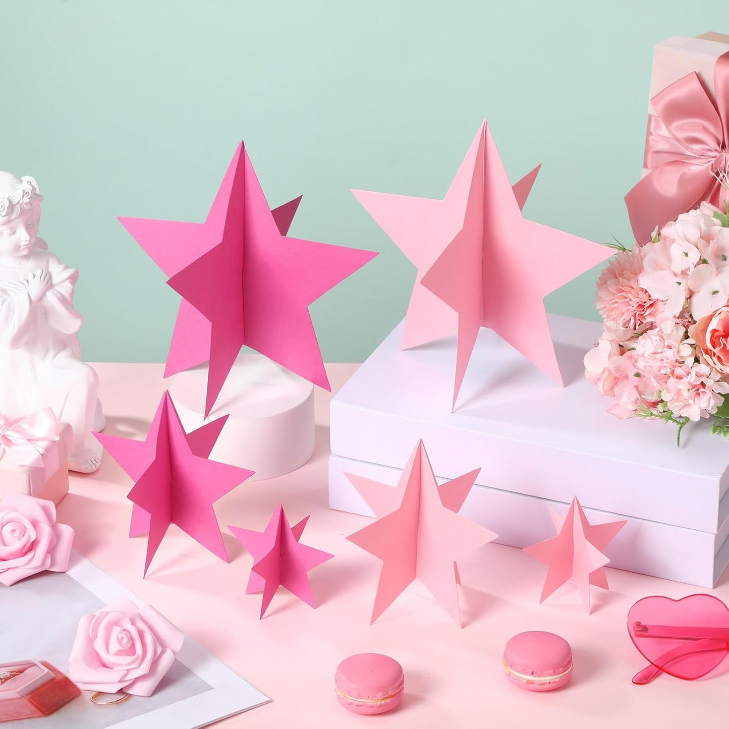 45 Pcs 3D Star Centerpieces Movie Night Decorations for Table in 3 Sizes Hanging Supplies for Red Carpet Film Show Theme Birthday New Year Party First Day of School Table Decor(Pink)