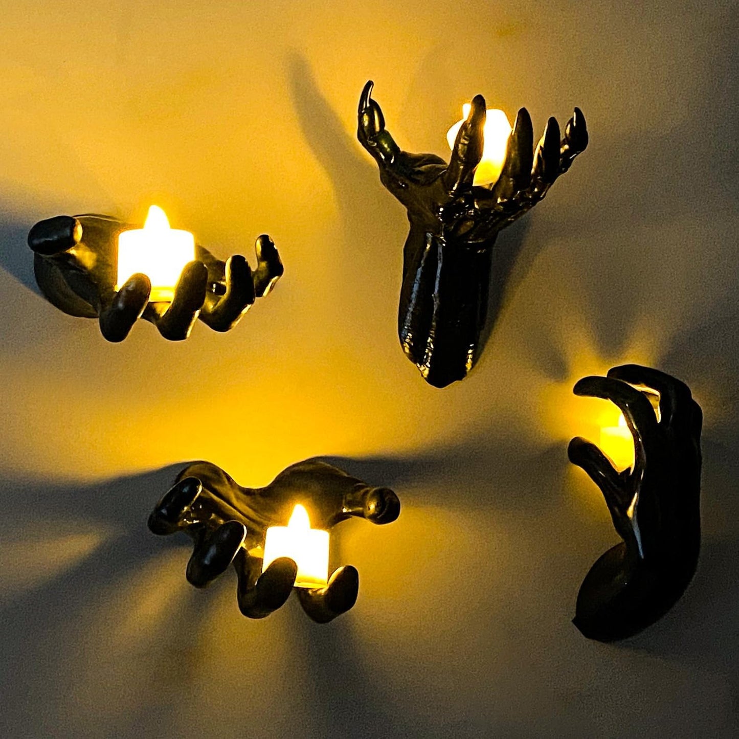 Halloween Decor Indoor, 4 Packs Creepy Reaching Hands with LED Candles, Life-Sized Gothic Wall Decor for Horror Decor, Spooky Halloween Decorations for Home, Party, Goth & Dark Academia Style