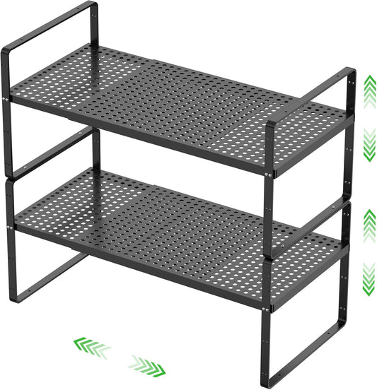Expandable Cabinet Storage Shelf Stackable Organizer Rack for Kitchen Bathroom Pantry Spice Cupboard Coffee Countertop Home Office Desk Heavy Duty Nonslip Black Small 2 Packs