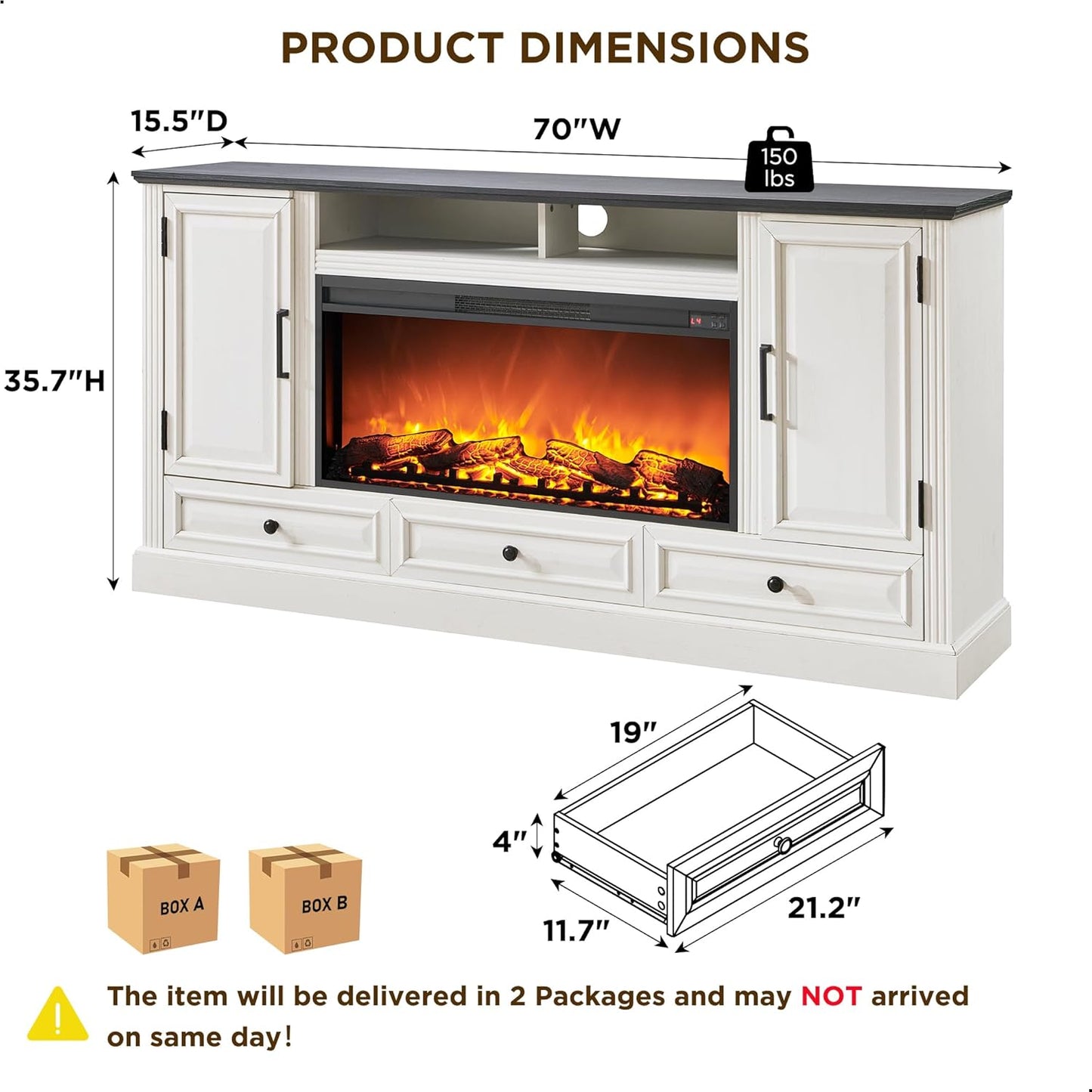 Fireplace TV Stand for 80 Inch TV, 35.7" Tall Farmhouse Entertainment Center W/36'' Electric Fireplace, Media Console with Large Storage Cabinets and Drawers for Living Room, Antique White