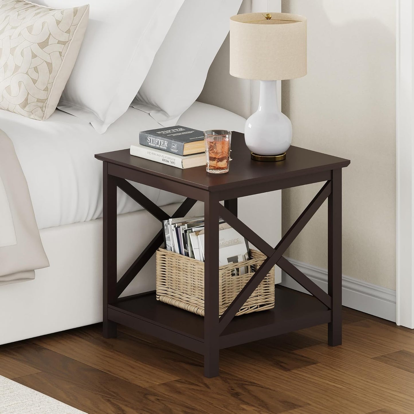 ChooChoo End Table, 24 Inch End Table with 2-Tier Storage Shelf, Side Table for Living Room, Wood Nightstand for Bedroom, Office, Painted Surface, Espresso