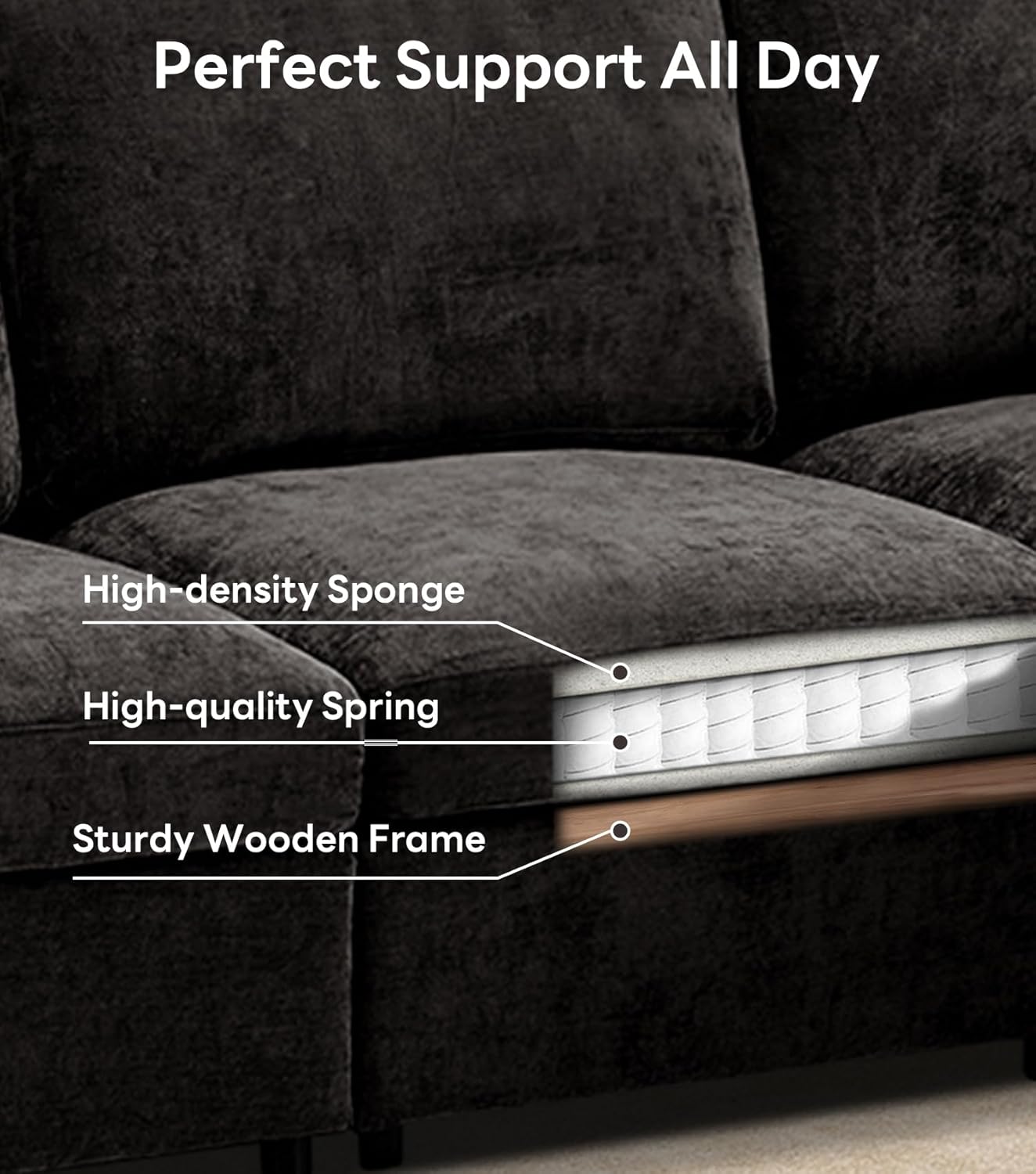 Tbfit 85" Convertible L Shaped Couch, Sectional Sofa for Living Room,Chenille Cloud Couch with Ottoman 4 Seat, Black