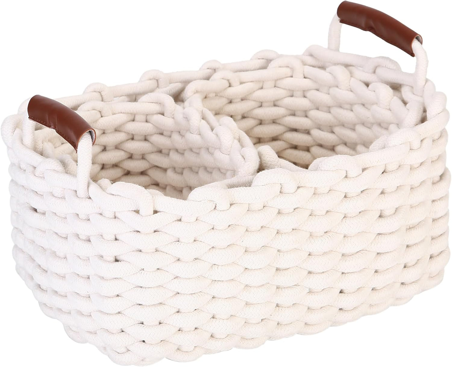 Sea Team 3-Pack Rectangle Woven Cotton Rope Storage Baskets with Handles, Shelf Basket, Closet Organizers, 3-in-1, White
