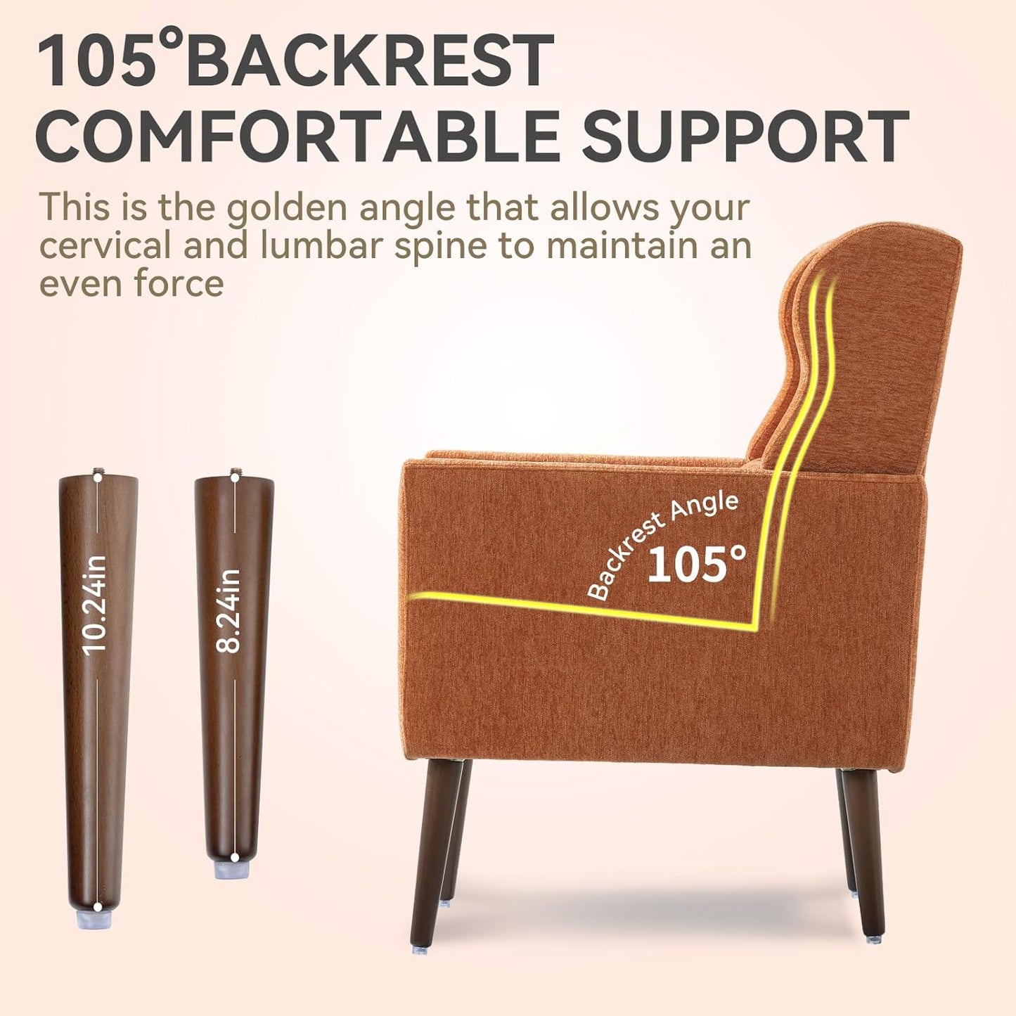 Accent Chair Set of 2, Upholstered Armchair with Pillow, Fabric Single Sofa Chair with Lounge Seat and Wood Legs Accent Chair for Living Room Small Spaces (Orange, Set of 2)