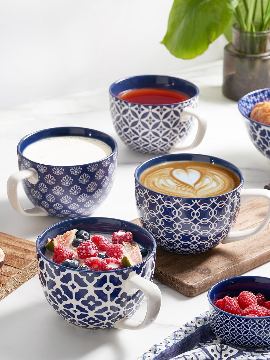 DOWAN Coffee Mugs Set of 4, 24 oz Large Coffee Mugs, Jumbo Soup Mugs With Handles, Ceramic Coffee Cups for Coffee Cereal Latte for Men Women, Housewarming Wedding Gift, Vintage Blue