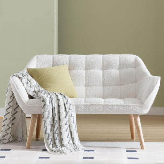48”Small Loveseat Sofa, Modern Sherpa Upholstered Mini Couch 2-Seater Fluffy Love Seat with Quilting Backs and Wood Legs for Living Room, Bedroom and Small Space, White