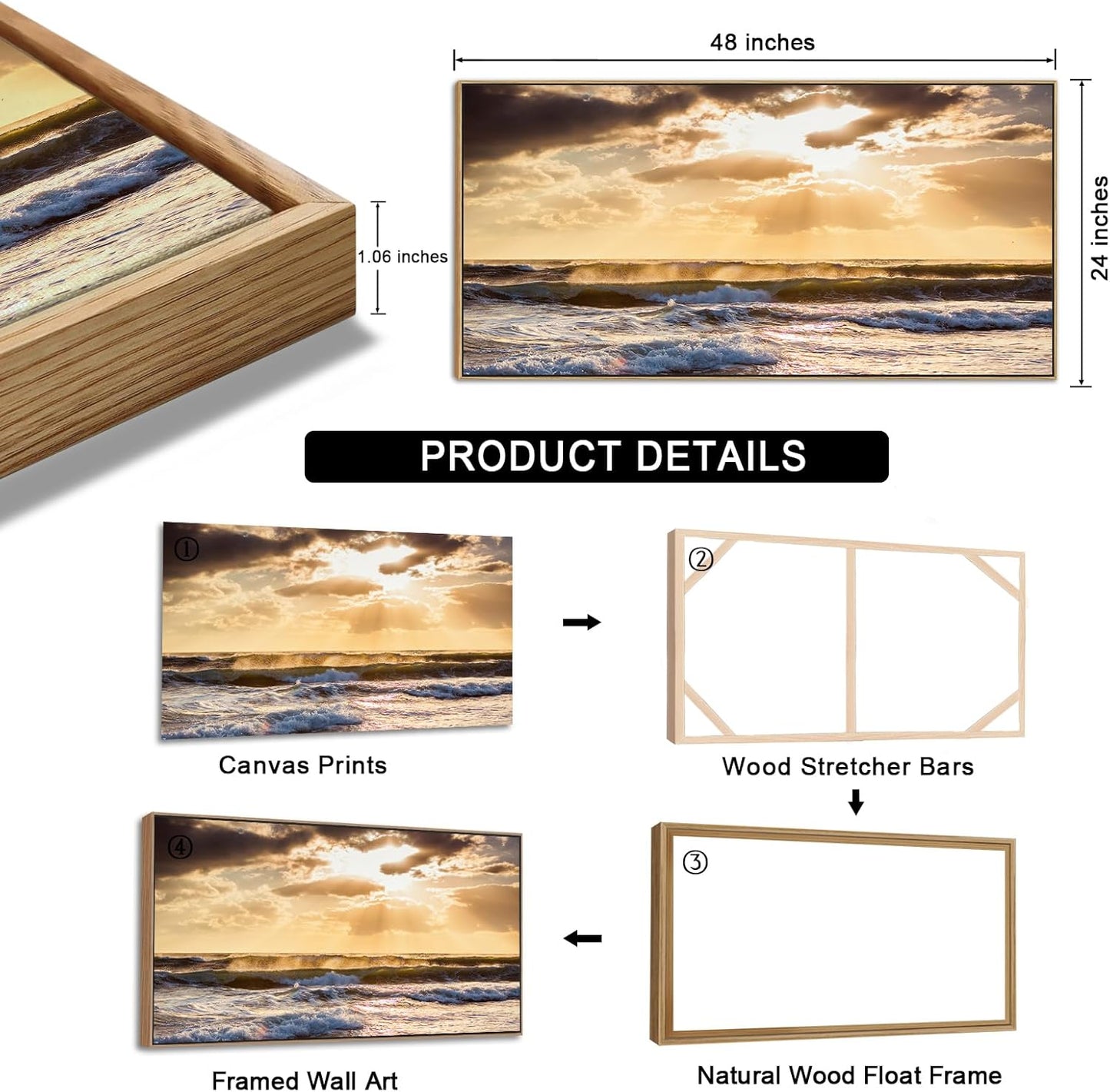 Framed Sunset Ocean Wall Art - Canvas Wall Decor Glow Sea Scene Nature Landscape Prints Sunset Over the Ocean Painting Artwork Living Room Bedroom Office Home 24" x 48"